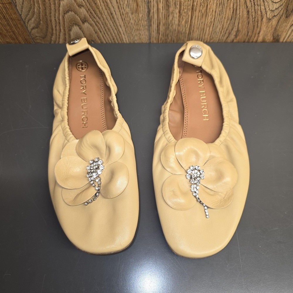 Tory Burch Ballet Flat Shoes Women 9.5 Beige Leather Rhinestone Floral - Picture 3 of 9